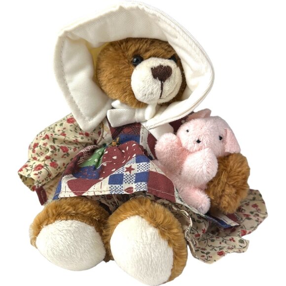 Plushland Doll-Like Plush Bear Bonnet & Floral Dress Holding Piglet 8" NWOT Vtg - Picture 1 of 6